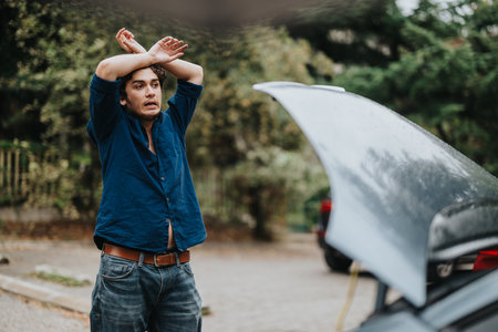 Frustrated person stands by broken car with open hood