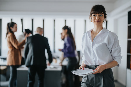 Confident professional woman standing in a busy group business meetingの写真素材