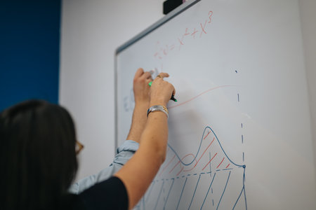 Students collaborating on a math problem at the whiteboard