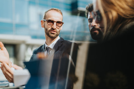 Professionals discussing strategies together outside in a modern business environmentの写真素材