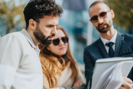 Group of people discussing business documents outdoors on a sunny dayの写真素材