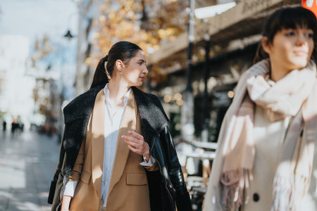 Stylish women walking outdoors on a sunny day in a vibrant cityの写真素材