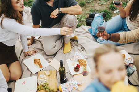 Friends enjoying a picnic with wine and snacks outdoors