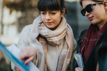 Two women reviewing documents outdoors while discussing and collaboratingの写真素材