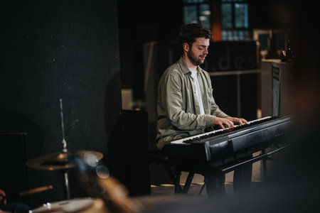 Man plays keyboard in a dimly lit room with a creative atmosphere