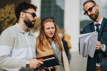 Group of people reviewing documents during an outdoor meetingの写真素材
