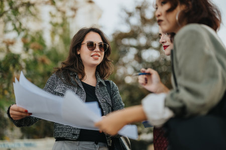 Confident businesswomen discussing project outdoors in casual meeting
