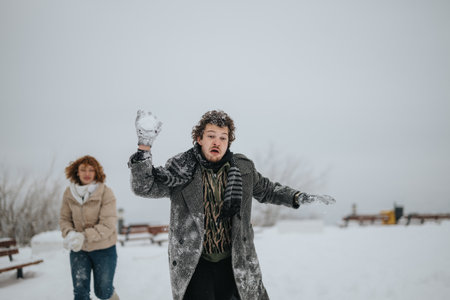 Joyful moment of people enjoying wintertime outdoors with snow activitiesの写真素材