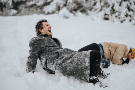 Two Playful Friends Enjoying Fun in the Snow on a Winter Dayの写真素材