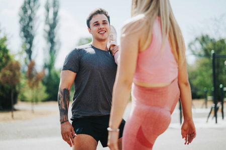 Friends enjoying a sunny day exercising, showcasing their active lifestyle with smiles and energy. Young people in sportswear embracing outdoor fitness and health together.の写真素材
