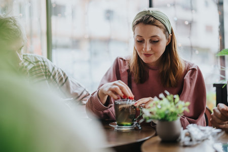 Friends enjoying a relaxing moment together at a cozy cafe.の写真素材