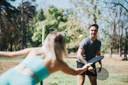 Young friends enjoying active game of paddle ball in sunny parkの写真素材
