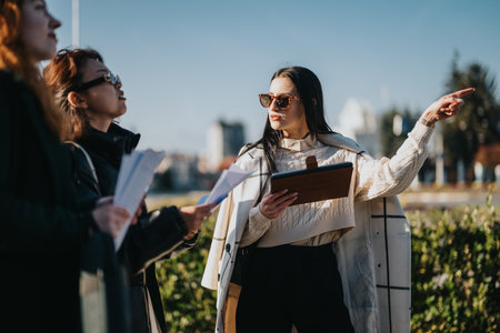 Group of focused business professionals strategizing during an outdoor meetingの写真素材