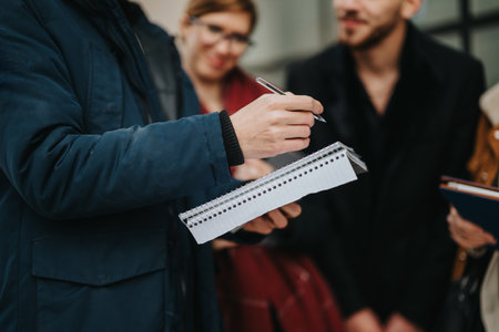 Close-up of a Hand Writing on a Notebook in a Group Business Settingの写真素材