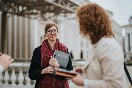 Casual Business Meeting Between Professionals Discussing Ideas Outdoors
