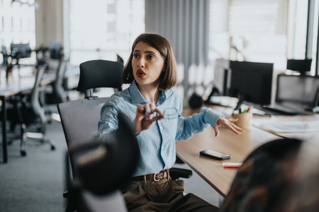 Young businesswoman leading a discussion in a modern office settingの写真素材