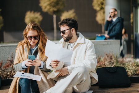 Two people discuss documents and browse phone outdoors in sunlight