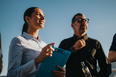 Multiracial business colleagues collaborating on a tower balcony at sunsetの写真素材