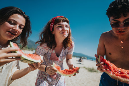 Group of friends enjoying watermelon together on a sunny day at the beachの写真素材