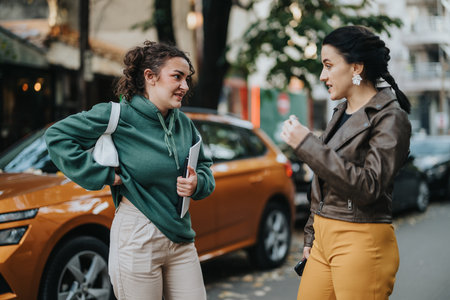Two women smiling and having a cheerful conversation outdoors on a city streetの写真素材