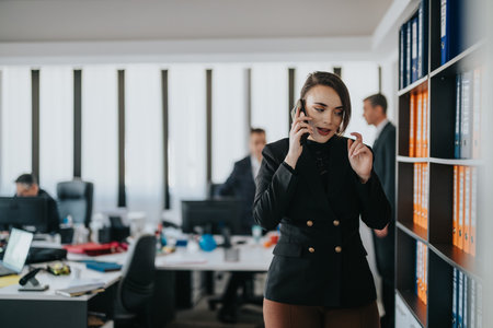 Business professional communicating on phone in a collaborative office environmentの写真素材