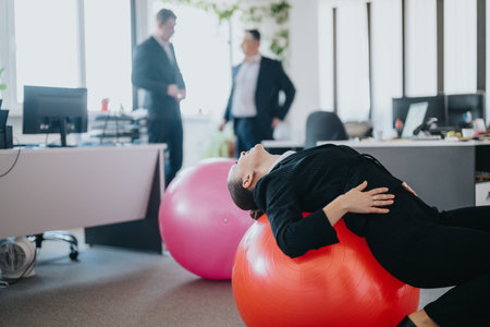 Professional businesswoman stretching on exercise ball in a modern office settingの写真素材