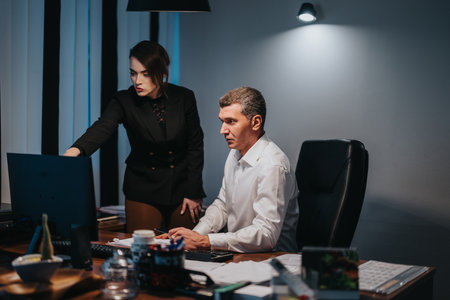 Business colleagues collaborating at a computer in a professional office settingの写真素材