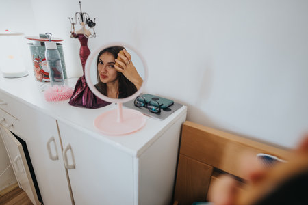 Woman examining her complexion in a handhold mirrorの写真素材