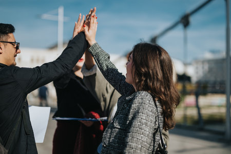 Business professionals celebrating success with a team high-five outdoorsの写真素材