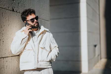 Man in stylish white jacket talking on phone outdoorsの写真素材