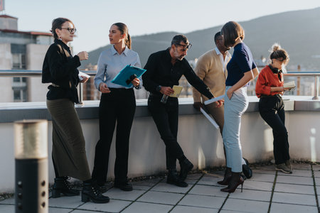 Team of people networking on rooftop in urban settingの写真素材