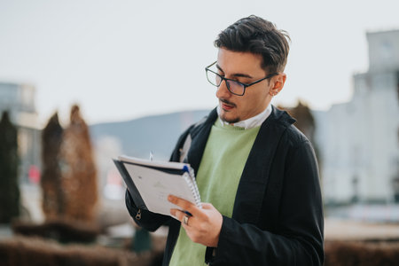 Professional young man taking notes outdoors while focusing on a task in bright daylightの写真素材