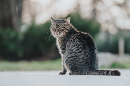 Tabby cat sitting outdoors and looking at the cameraの写真素材