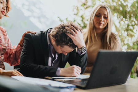 Worried business team comforting stressed colleague at deskの写真素材