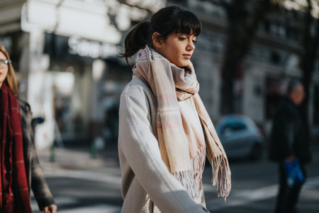 Young woman in scarf walking outdoors on a sunny dayの写真素材
