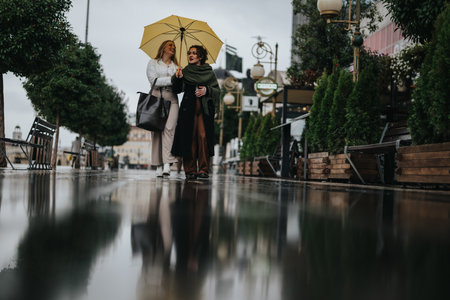 Two friends walking together under a yellow umbrella on a rainy dayの写真素材