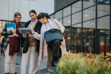 Three professional women collaborating outdoors near a modern city office buildingの写真素材