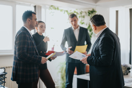 Business professionals collaborating during a focused team discussion in a modern officeの写真素材