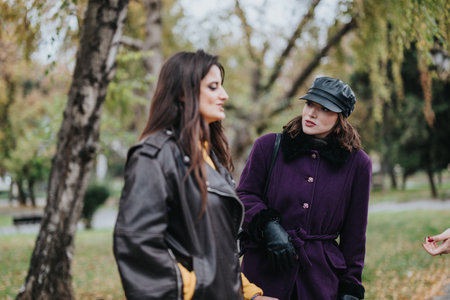 Two women in stylish autumn outfits conversing in a city park during a rainy dayの写真素材