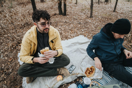 Friends sharing a meal outdoors during a nature outing in the woodsの写真素材