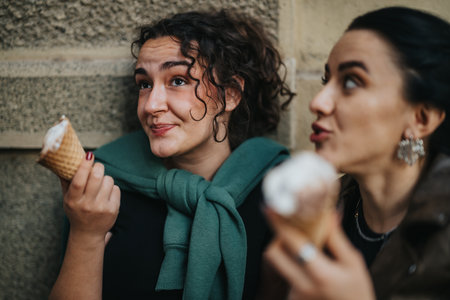 Two friends eating ice cream with joyful and expressive emotionsの写真素材