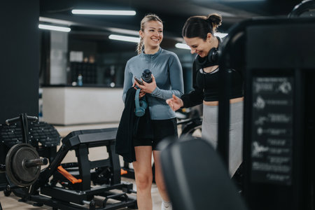 Two women friends enjoying conversation while exercising together at a modern gym