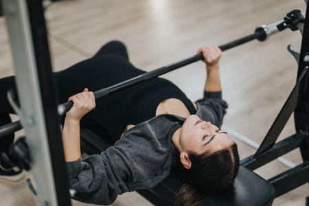 Woman engaged in bench press weightlifting exercise at a modern gymの写真素材