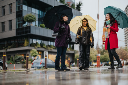 Three women walking together with umbrellas on a rainy day in the city