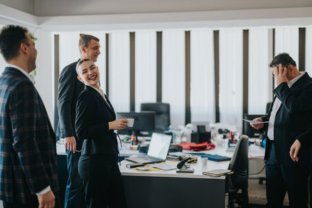 Smiling business people having a meeting in a modern office spaceの写真素材