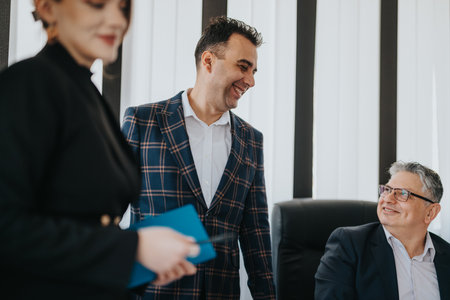 Business people collaborating and smiling in a corporate office settingの写真素材