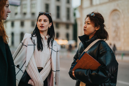 Businesswomen discussing projects in an outdoor city environmentの写真素材