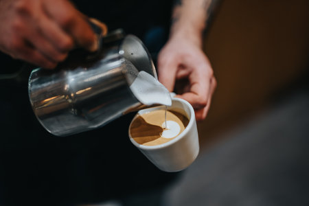 Barista pouring steamed milk into a freshly brewed cup of coffeeの写真素材