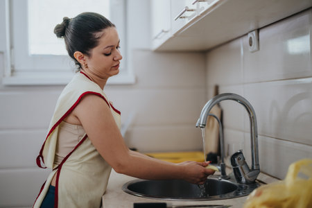 Young woman washing dishes in modern kitchen interiorの写真素材