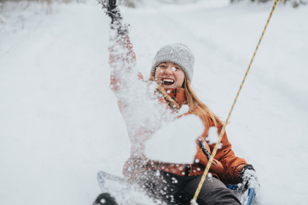 Woman Enjoying a Winter Day Sledding in Snowy Nature, Radiating Joy and Excitementの写真素材